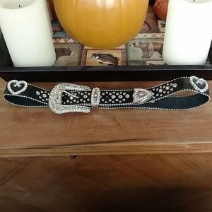 Black Belt Rhinestones & Hearts Genuine Leather SM
